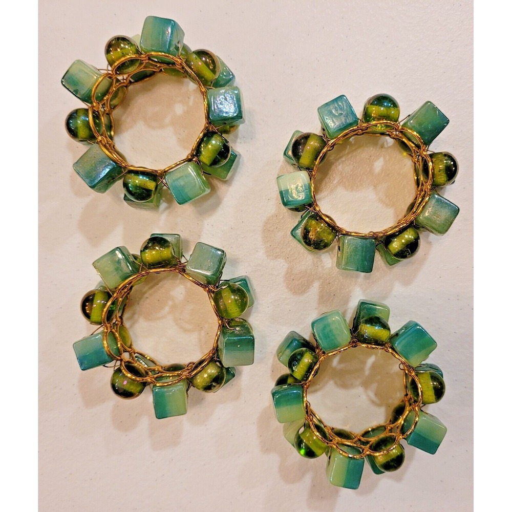 Vintage Napkin Rings Set of 4 Green Glass Beaded Cottagecore‎ Table Decor